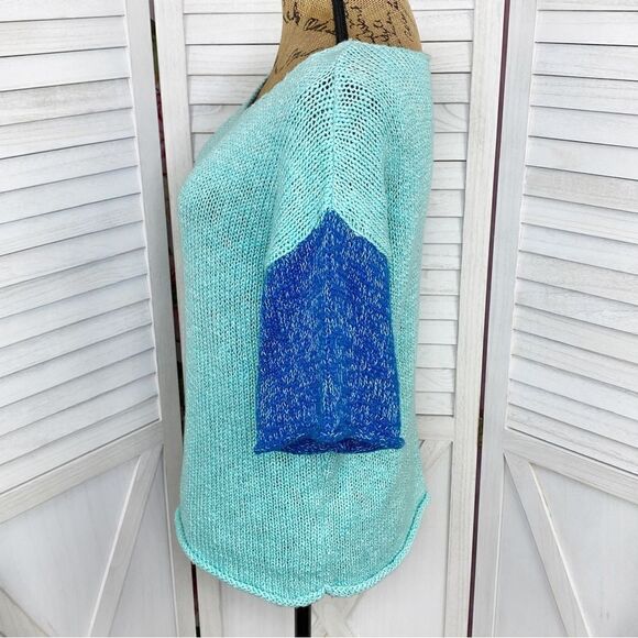 Julie Color Block Chunky Knit Sweater Green Blue Medium Large Short Sleeve - Picture 2 of 13